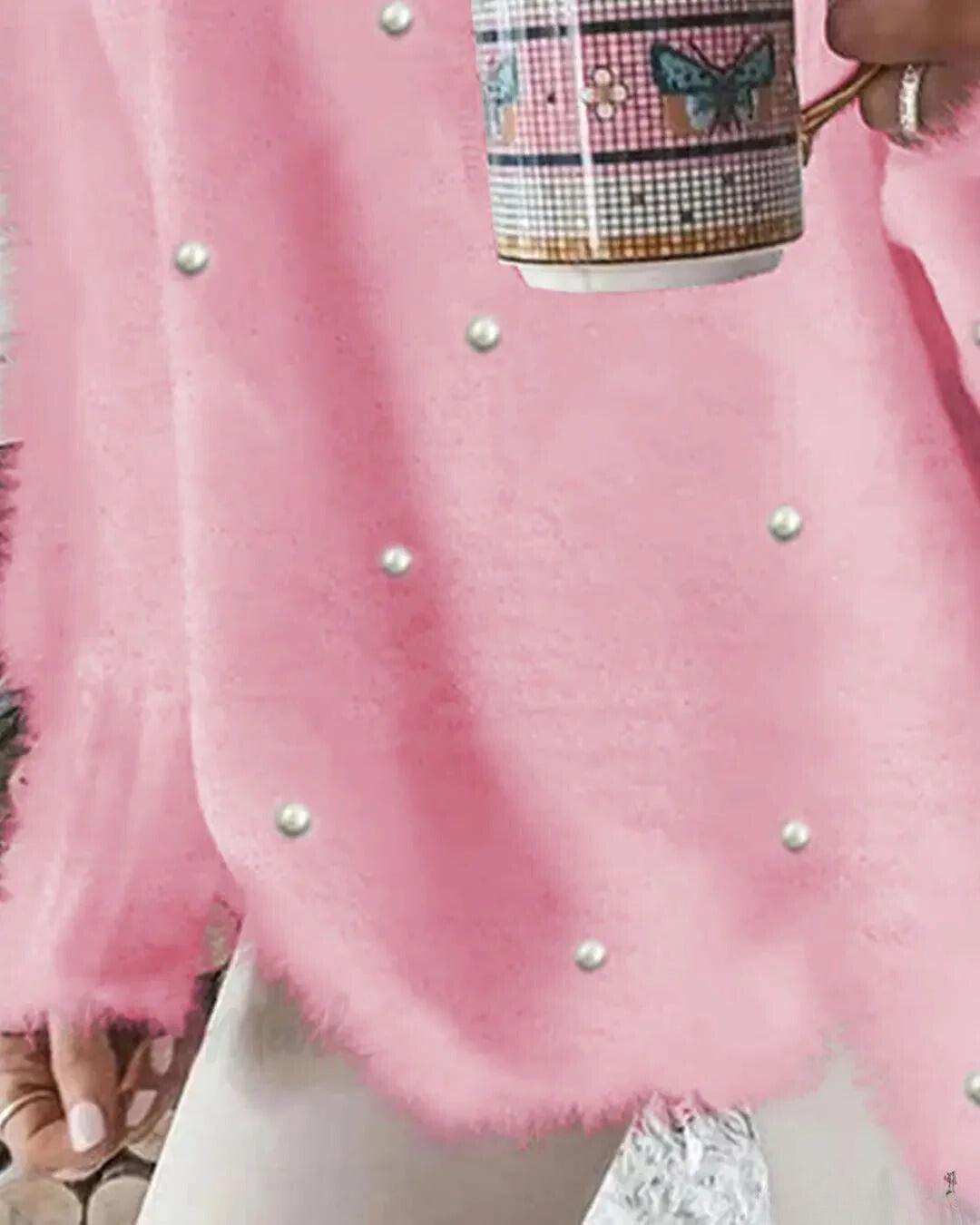 Flauschiges Langarmpullover mit Perlen für Damen