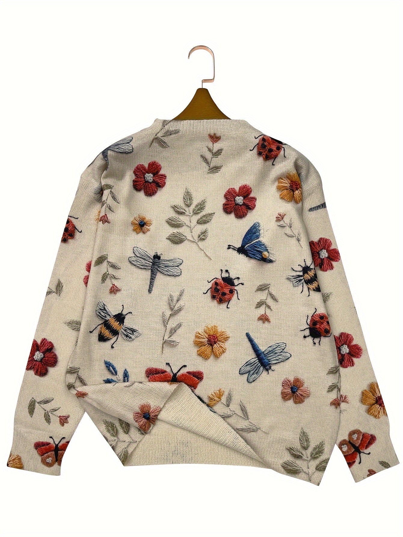 Pullover mit Blumen und Insektenstickerei für Damen