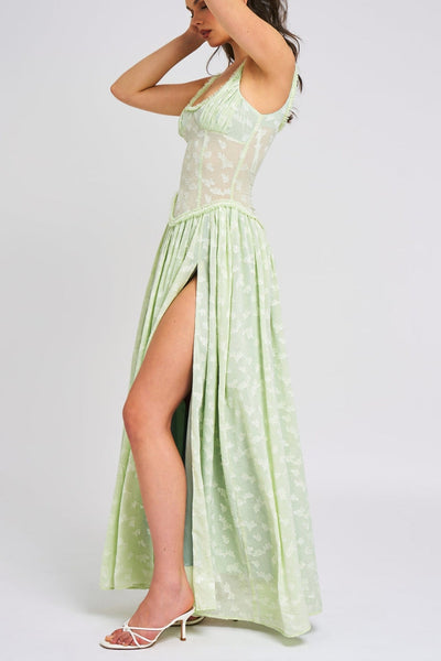 Ulissa – Weiches grünes Jacquard-Maxikleid mit hohem Schlitz und quadratischem Ausschnitt