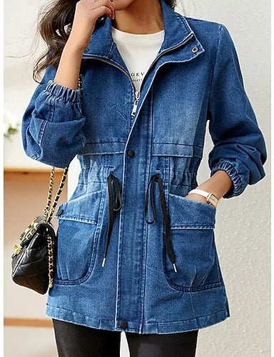 Jeansjacke mit Kordelzug und Taschen für Frauen