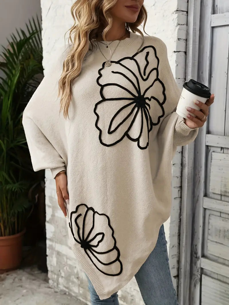 Pullover mit Blumenmotiv | Lockere Passform | Asymmetrischer Schnitt