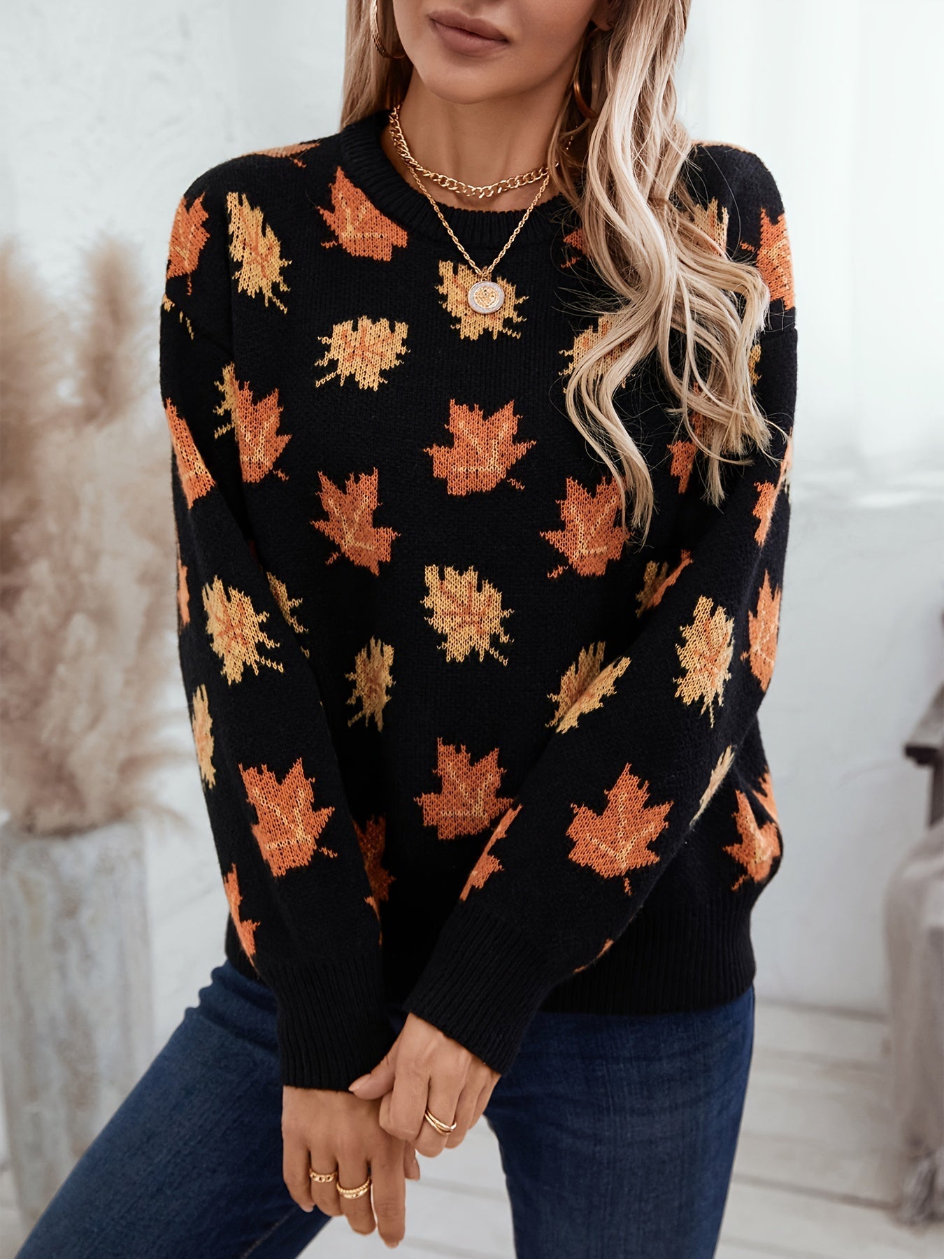 Ahornblatt Rundhalsausschnitt Pullover für Damen