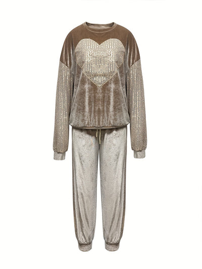 Pailletten Herz Pullover und Hose Set für Damen