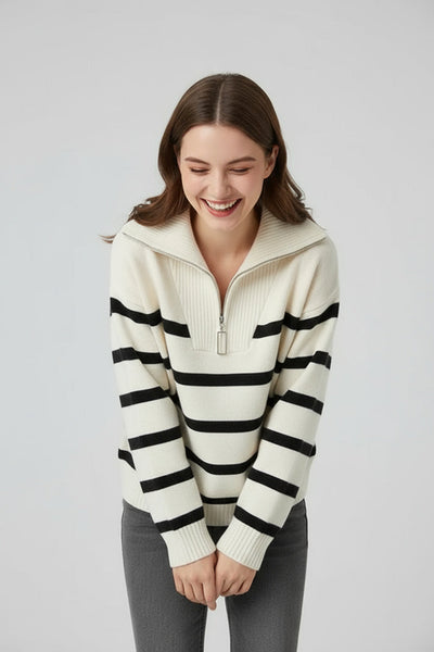 Selma | Damen Strickpullover Mit Reißverschluss Und Streifen