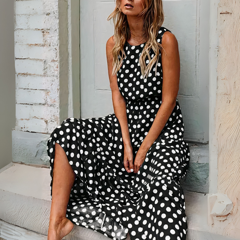 Damen ärmelloses Vintage-Kleid mit Polka-Dots | Maxi