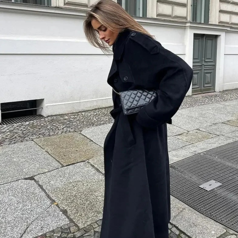 Damen eleganter schwarzer Vintage-Mantel | Übergroß