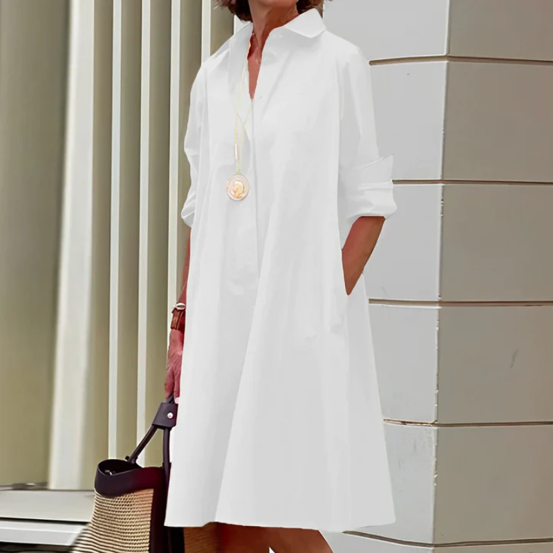 Damen elegantes Hemdkleid mit langen Ärmeln | Midi