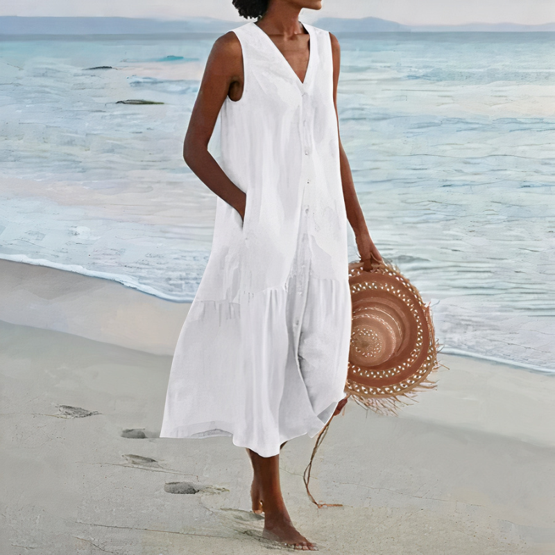 Damen luftiges ärmelloses Strandkleid | Midi