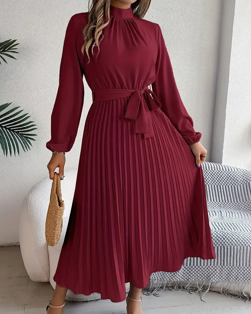 Damen plissiertes Kleid mit langen Ärmeln | Midi