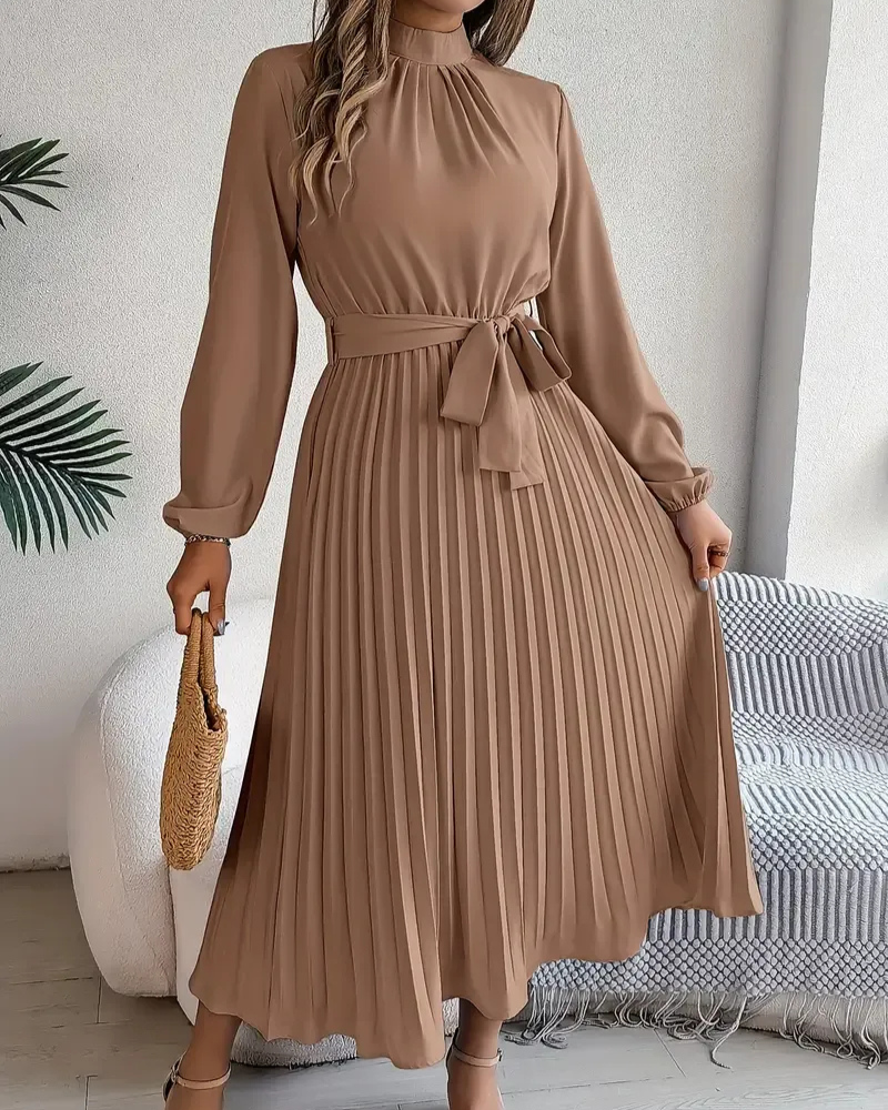 Damen plissiertes Kleid mit langen Ärmeln | Midi