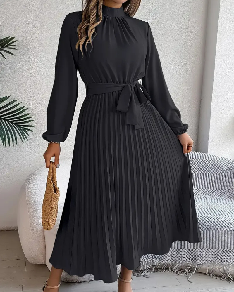 Damen plissiertes Kleid mit langen Ärmeln | Midi