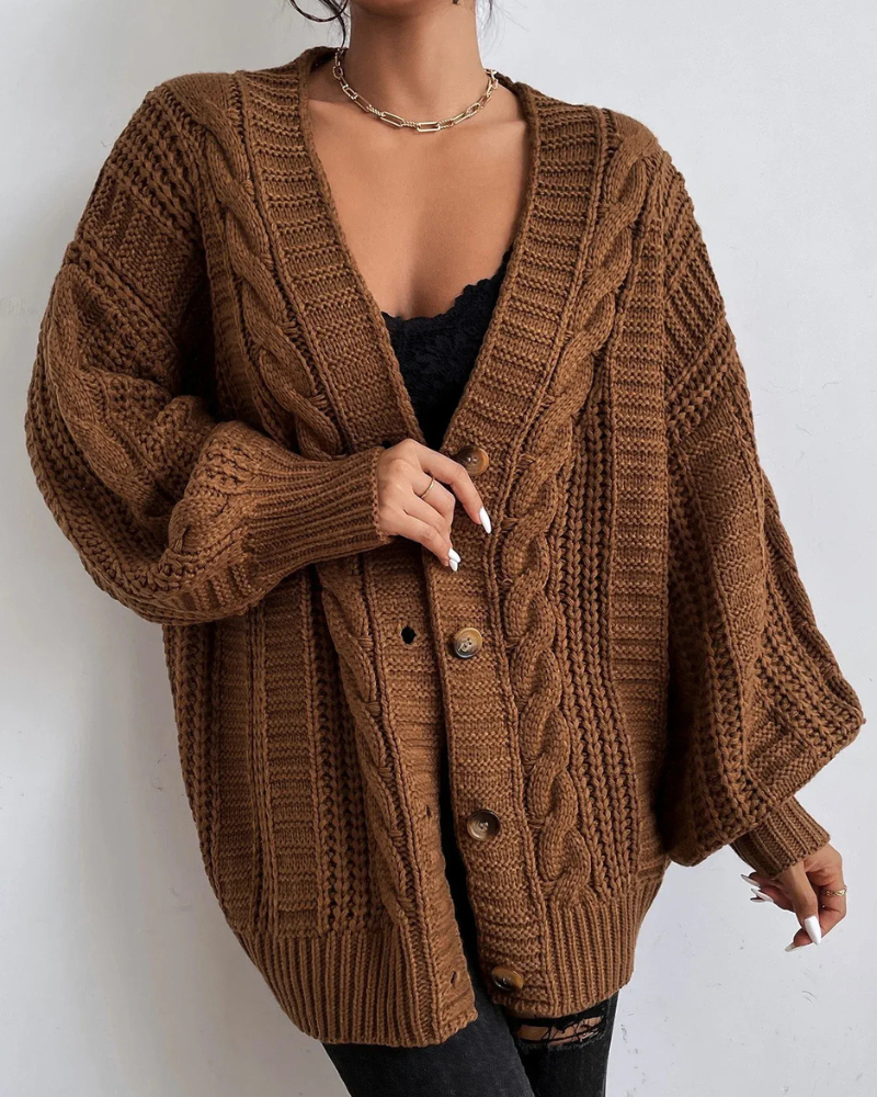 Damen stylischer Zopfstrick-Cardigan | Lang