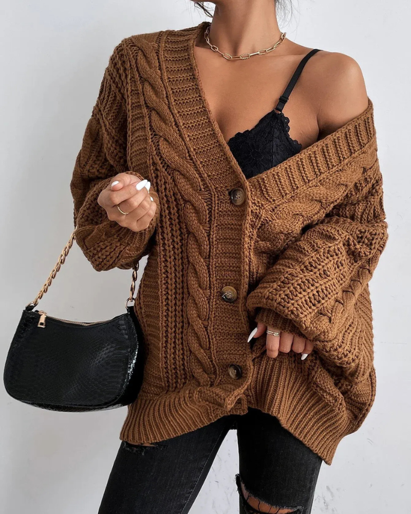 Damen stylischer Zopfstrick-Cardigan | Lang