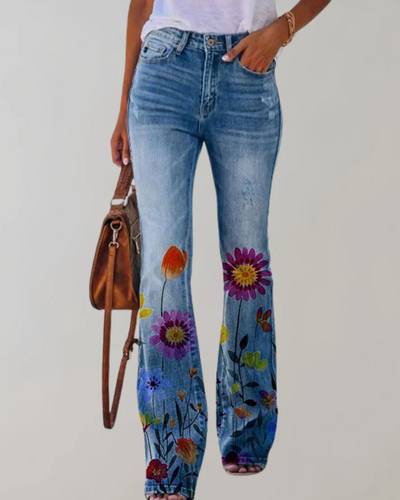 Damen Vintage Schlag-Jeans mit Blumenmuster | Sommer