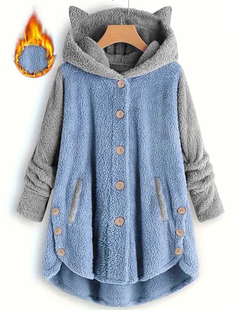 Zweireihige Fleecejacke mit Katzenohren für Damen