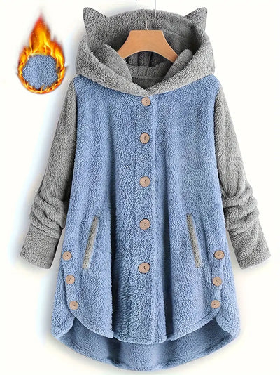 Zweireihige Fleecejacke mit Katzenohren für Damen