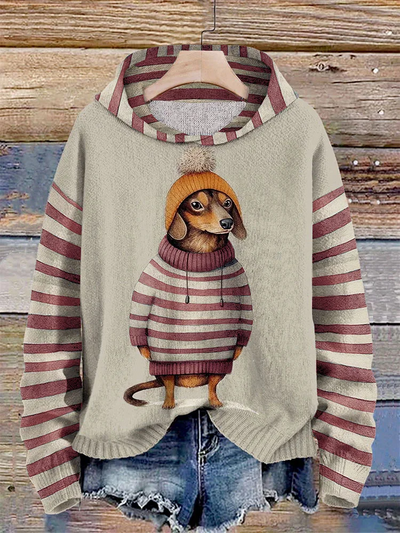 Gestreifter Dackel-Kapuzenpullover für Damen