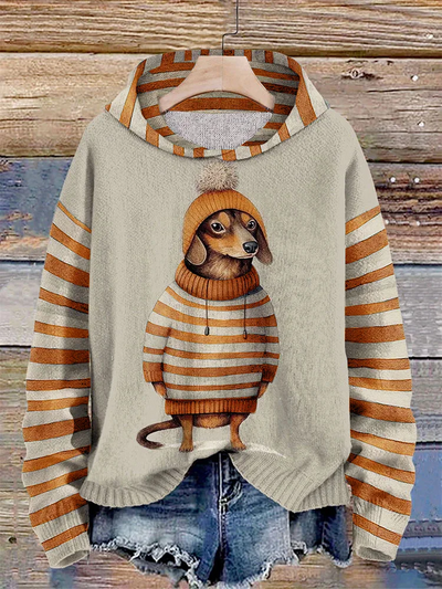 Gestreifter Dackel-Kapuzenpullover für Damen