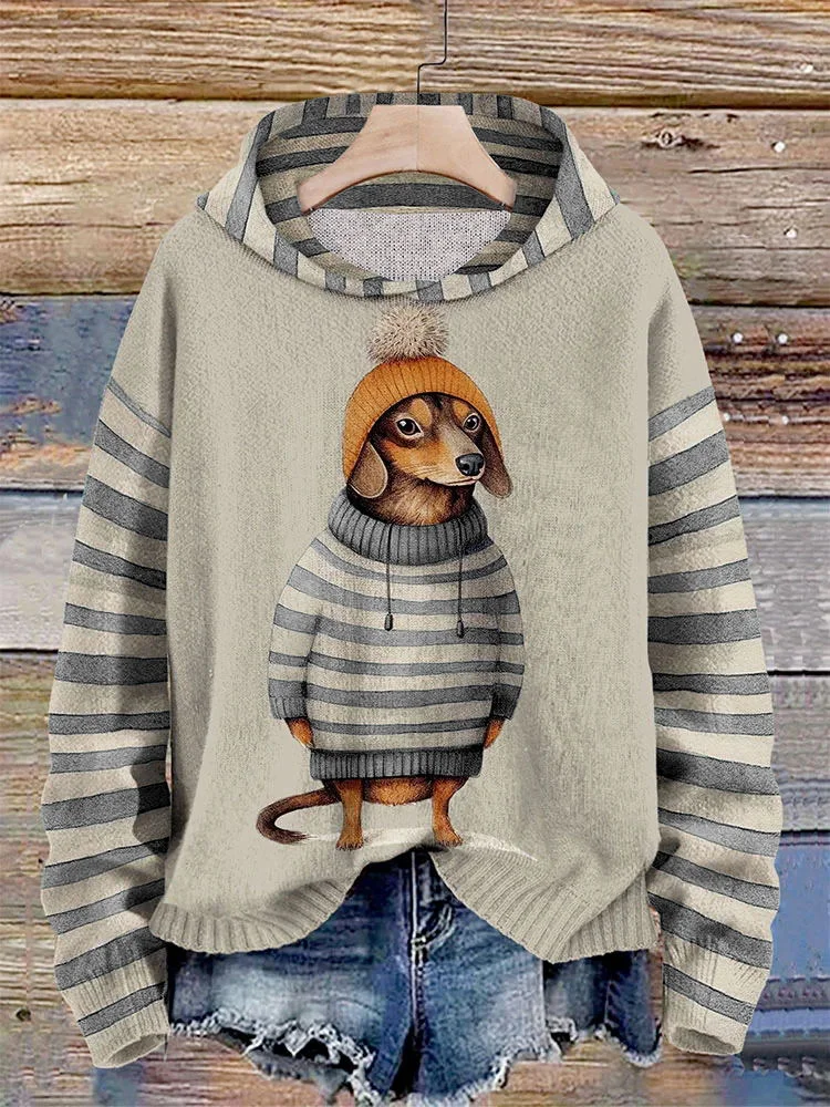Gestreifter Dackel-Kapuzenpullover für Damen