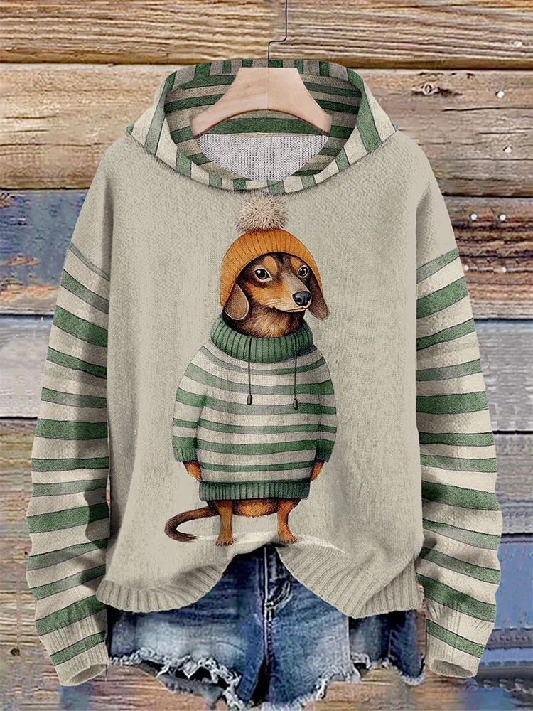 Gestreifter Dackel-Kapuzenpullover für Damen