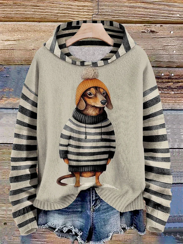 Gestreifter Dackel-Kapuzenpullover für Damen