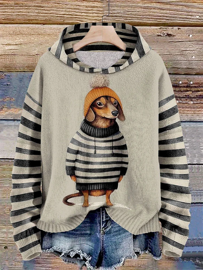 Gestreifter Dackel-Kapuzenpullover für Damen