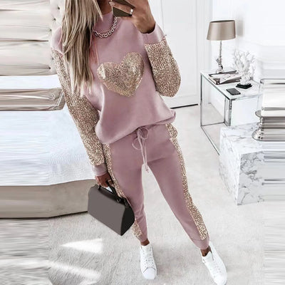 Pailletten Herz Pullover und Hose Set für Damen