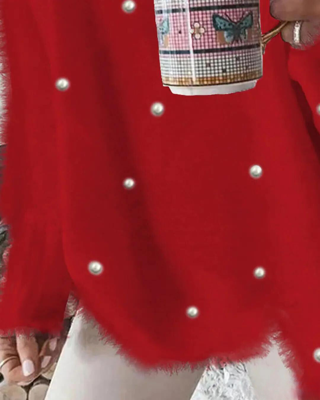 Flauschiges Langarmpullover mit Perlen für Damen