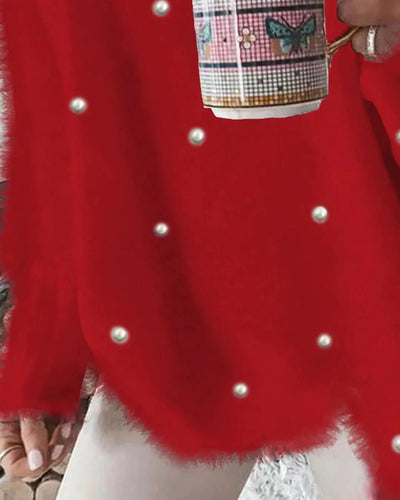 Flauschiges Langarmpullover mit Perlen für Damen