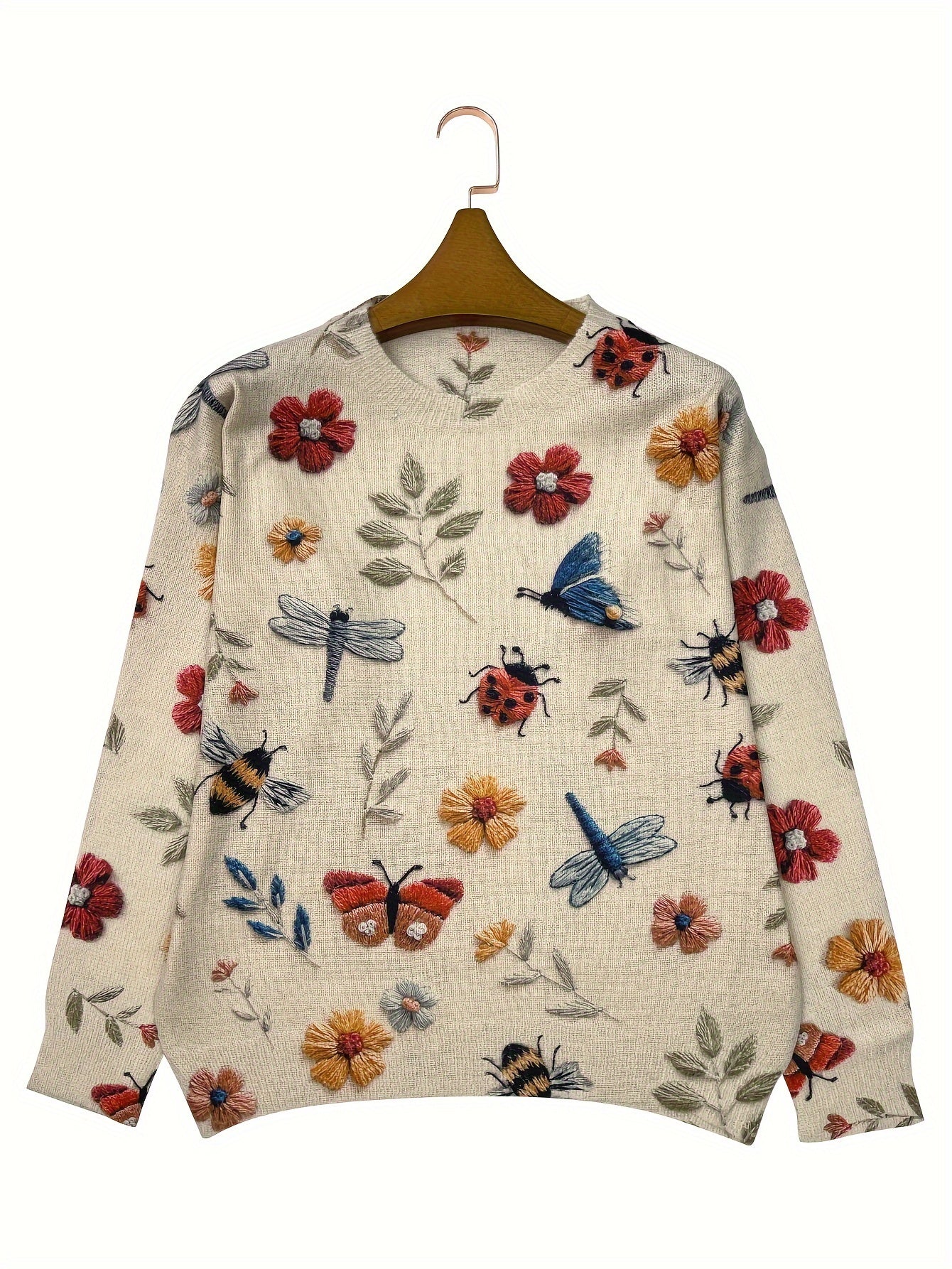 Pullover mit Blumen und Insektenstickerei für Damen