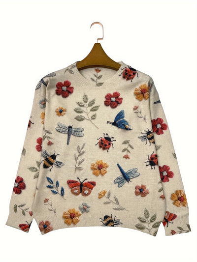 Pullover mit Blumen und Insektenstickerei für Damen