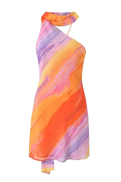 Asymmetrisches Minikleid | One-Shoulder-Design | Fließendes Muster