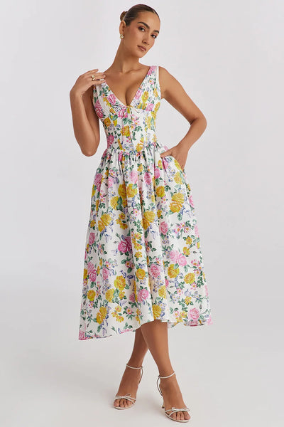 Ariana - Midikleid mit V-Ausschnitt, Korsett und ausgestelltem Rock