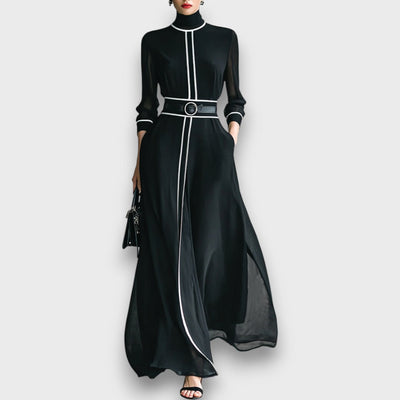 Elyra – Chiffon-Maxikleid mit hohem Kragen