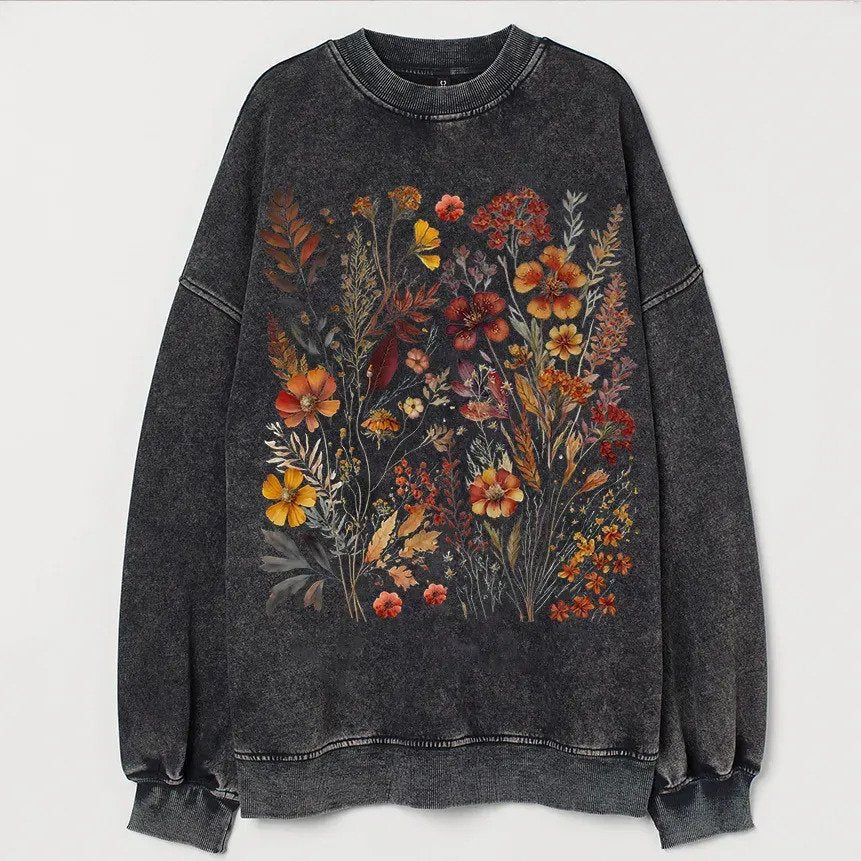 Dunkelgrau Pullover mit Blumendruck für Damen