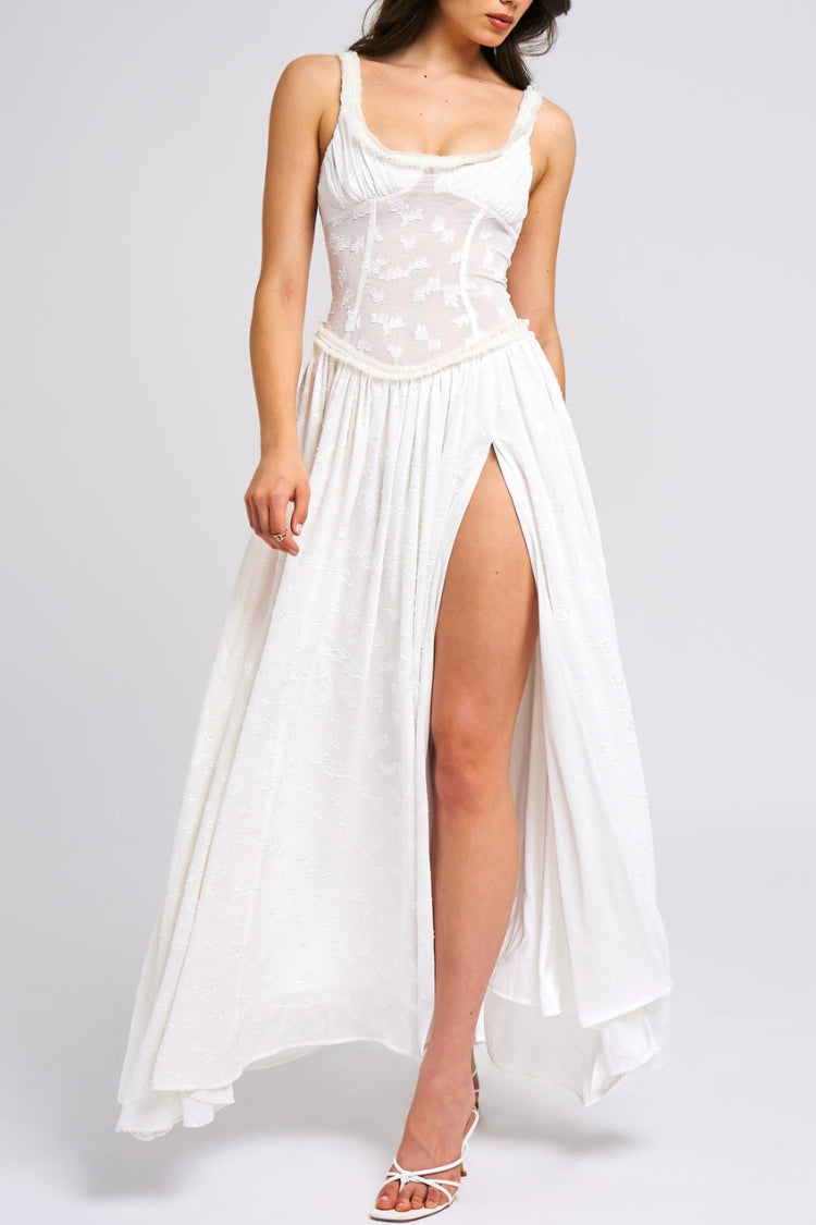 Ulissa – Weiches grünes Jacquard-Maxikleid mit hohem Schlitz und quadratischem Ausschnitt