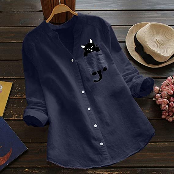 Anaid® | Langärmlige Baumwollbluse mit V-Ausschnitt und Katzenprint