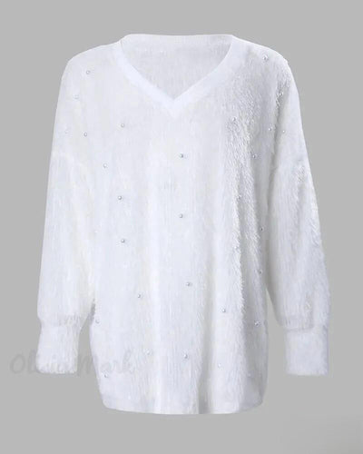 Flauschiges Langarmpullover mit Perlen für Damen