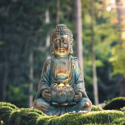 TranquilLight Solarbetriebene Buddha-Statue – Gartenmöbel mit sanfter LED-Beleuchtung