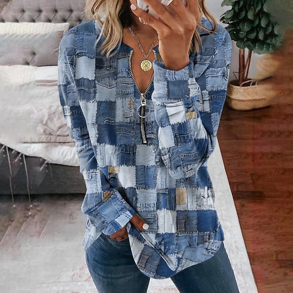 Denim-Pullover mit halbem Reißverschluss für Damen