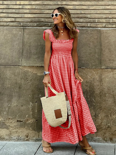 Gingham Sommerkleid mit Smokings für Damen | Maxi