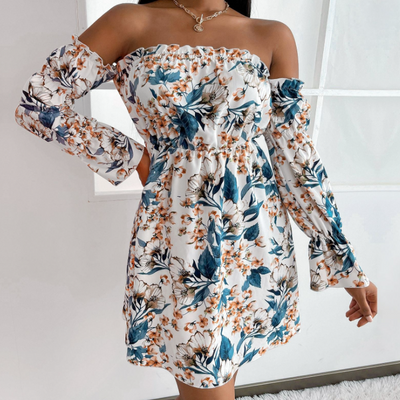 Sommerkleid für Damen – Schulterfreies Midikleid mit tropischem Muster