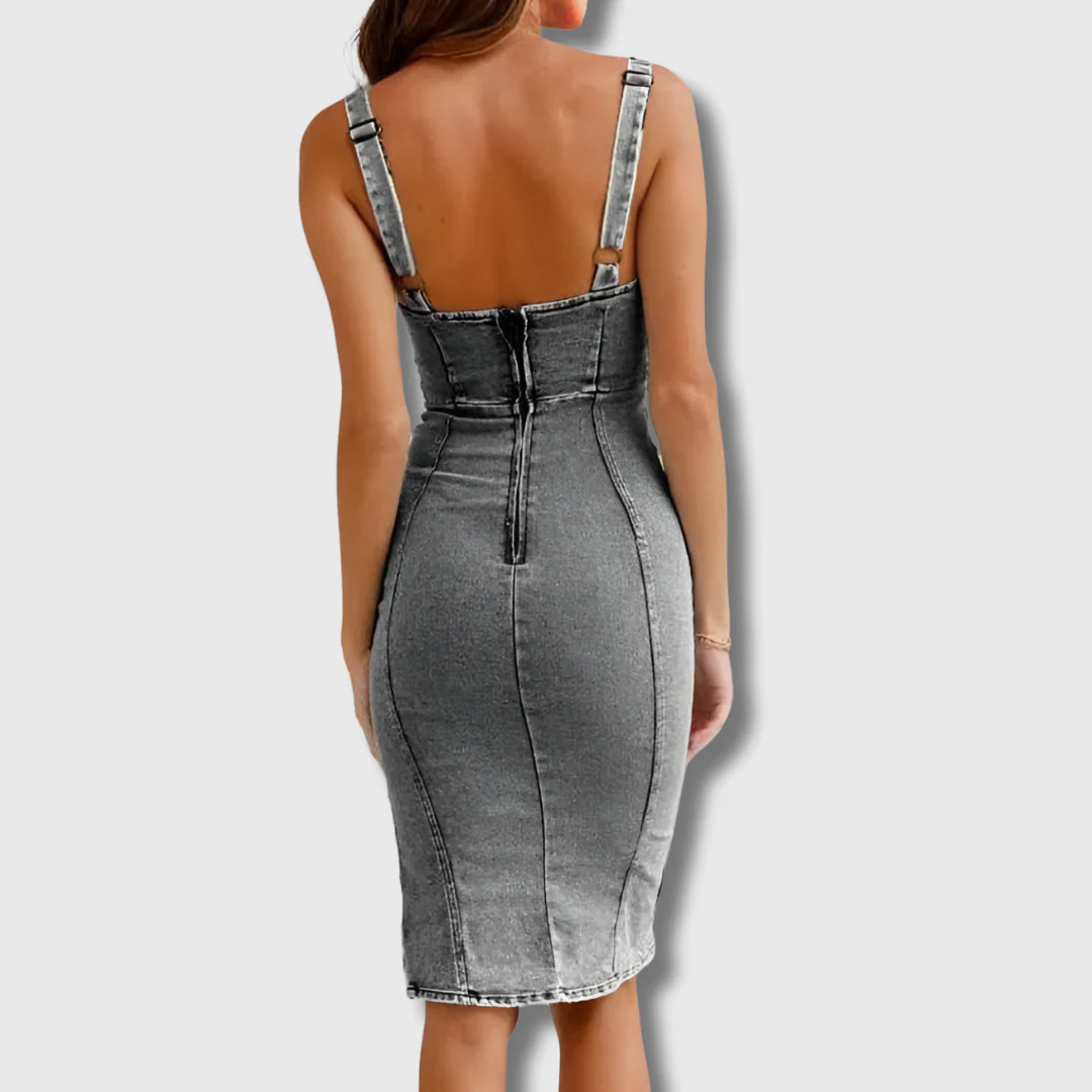 Ione | Slim Fit Neckholder-Kleid aus Denim