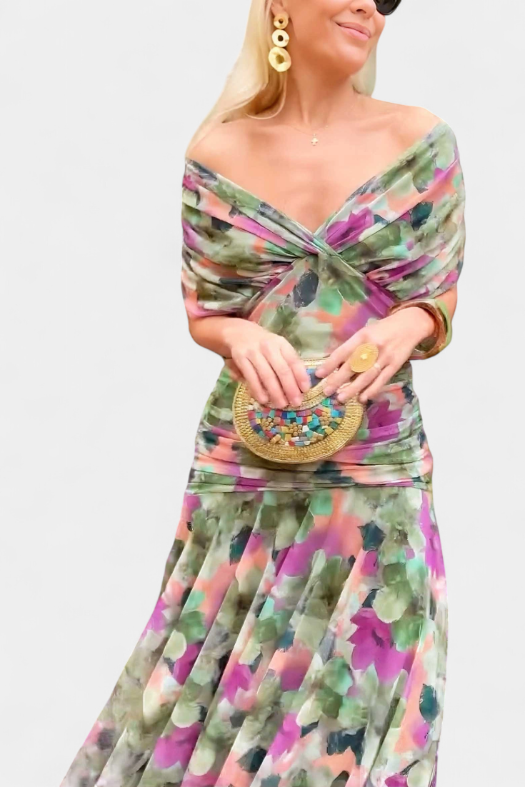 Alondra Maxikleid mit kreativem Blumenprint und V-Ausschnitt
