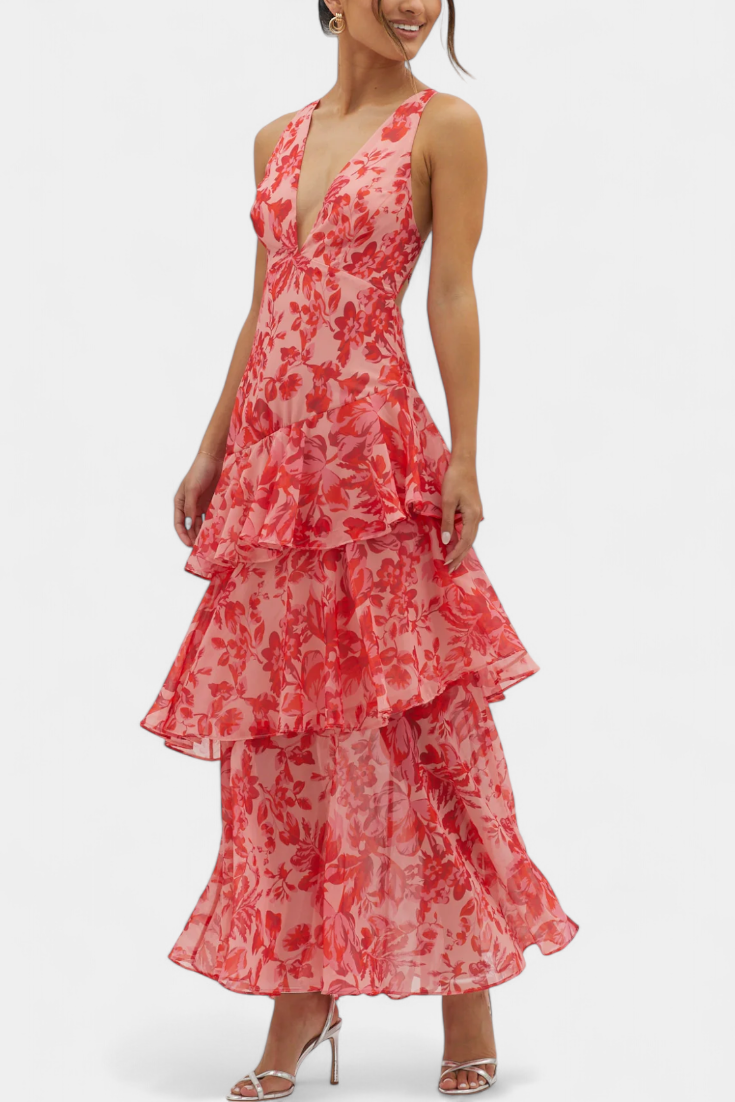 Domenica V-Ausschnitt Chiffonkleid mit eleganten, fließenden Lagen