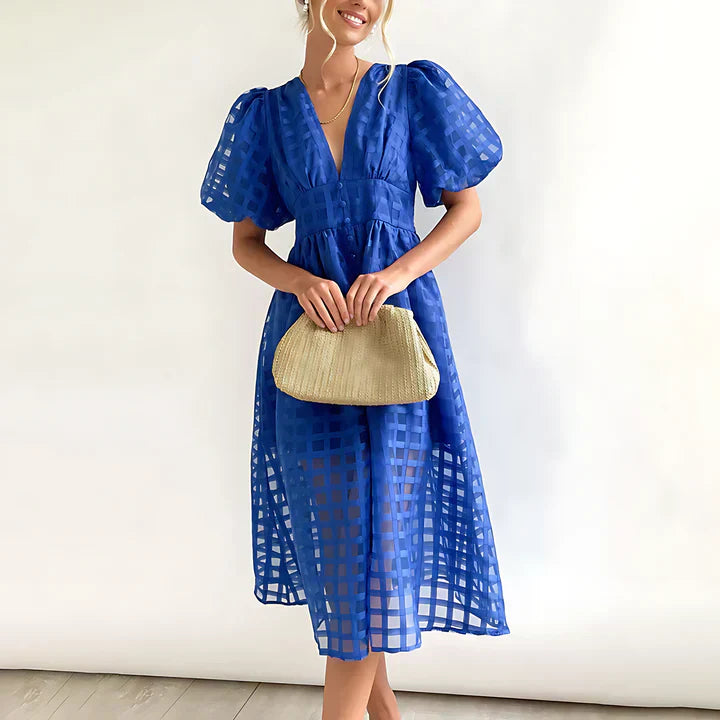 Midikleid mit Karostruktur | Puffärmel | Femininer V-Ausschnitt