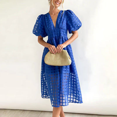 Midikleid mit Karostruktur | Puffärmel | Femininer V-Ausschnitt