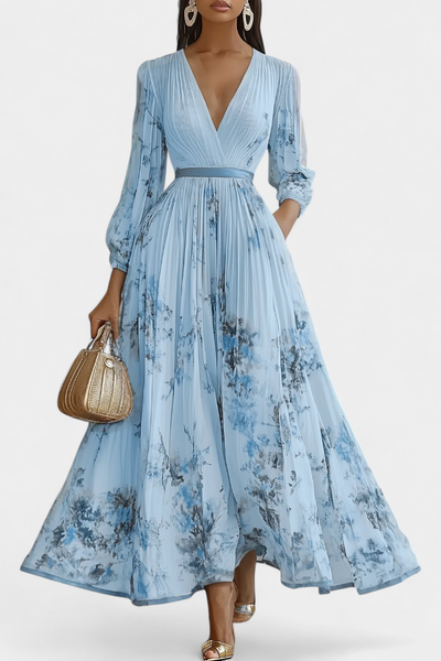 Phaedra Langes Plissiertes Chiffonkleid mit Puffärmeln