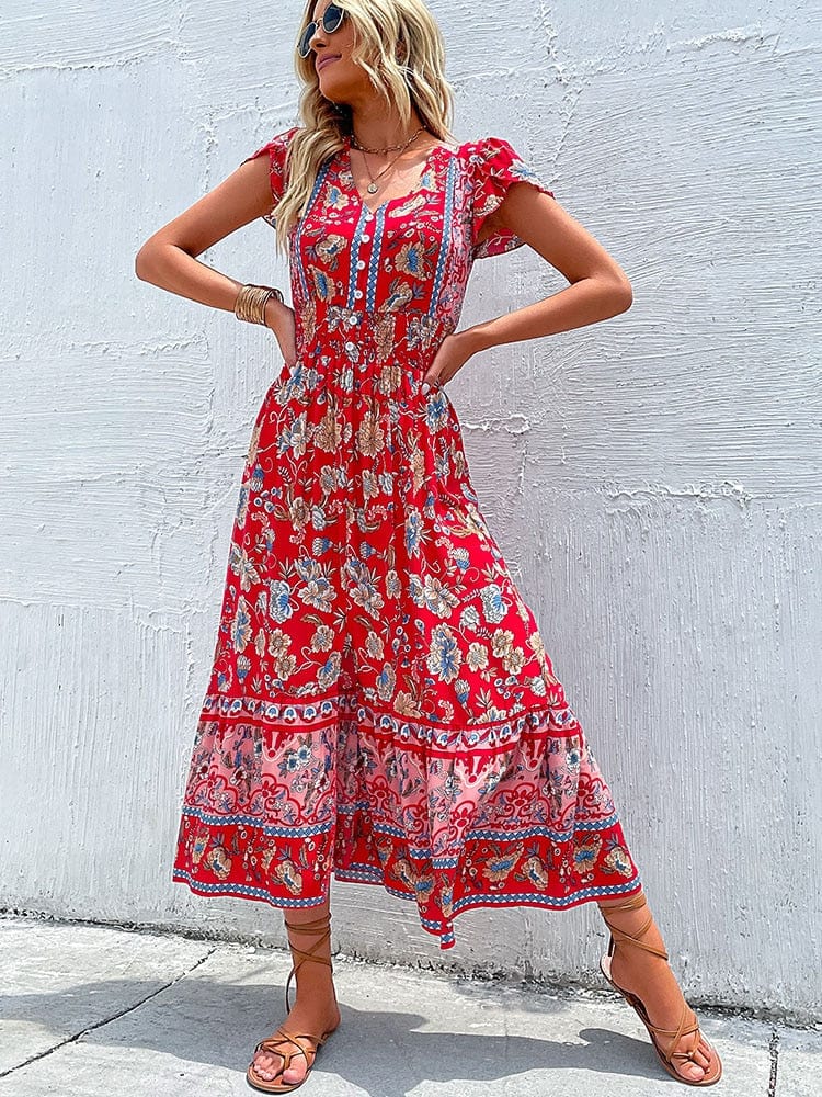 Rotes böhmisches Maxikleid im Vintage-Stil - Ivee