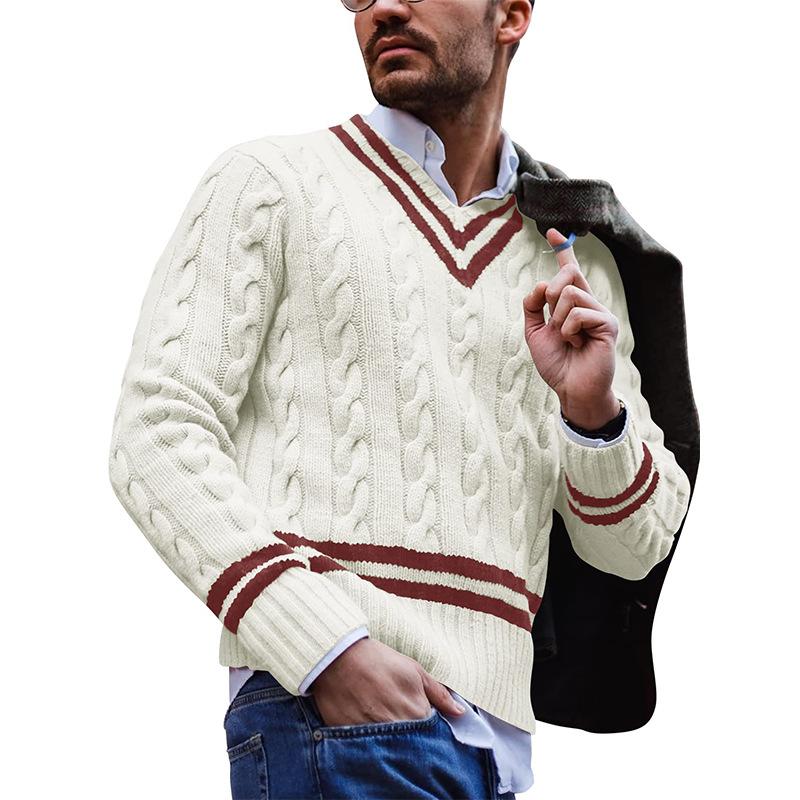 Gestreifter Strickpullover mit V-Ausschnitt für Männer
